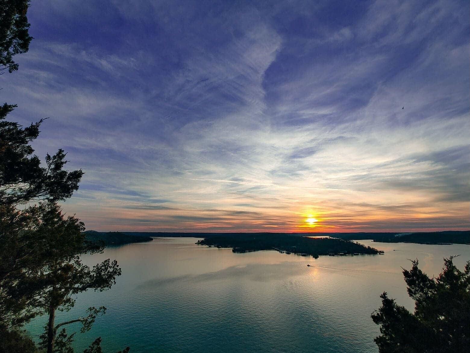 Lake of the Ozarks shoreline at golden hour